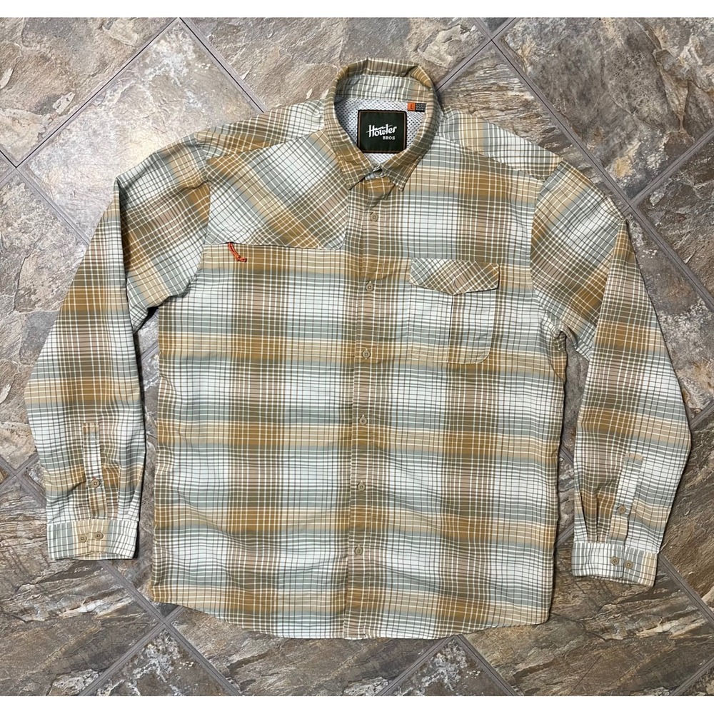Howler Bros Matagorda Shirt Mens Large Tan Plaid Excellent Technical Fishing L/S